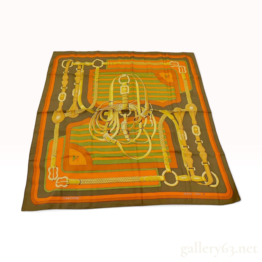 Vintage Hermes Coaching Silk Carre 90 in Orange and Olive Green (1 of 7)