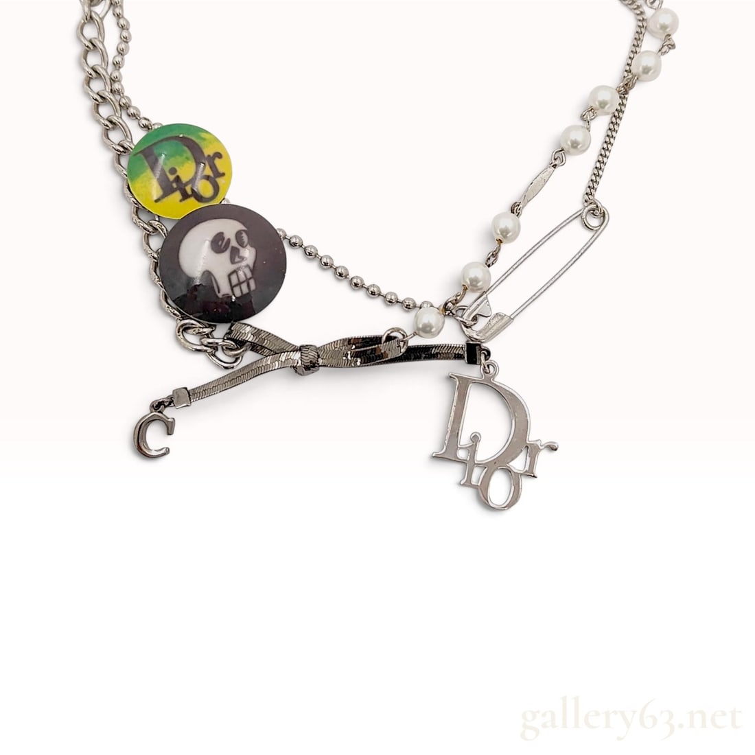 Vintage Christian Dior Galliano Era Punk Faux Pearl and Resin Charm Necklace: This Christian Dior charm necklace is an example of the punk-influenced Street Chic aesthetic from the John Galliano era. The multi-strand design incorporates a silver-tone curb chain, a ball chain, a