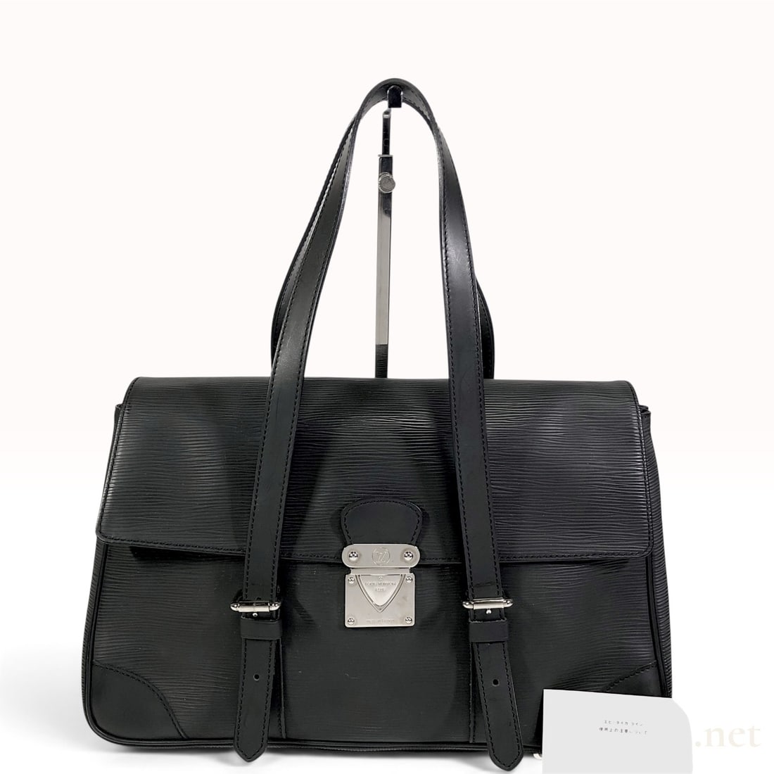 Vintage Louis Vuitton Black Epi Leather Structured Shoulder Bag: A Louis Vuitton structured shoulder bag crafted from black Epi leather with tonal smooth leather trim. The rectangular design features a large top flap closure secured by a polished metal S-lock clasp