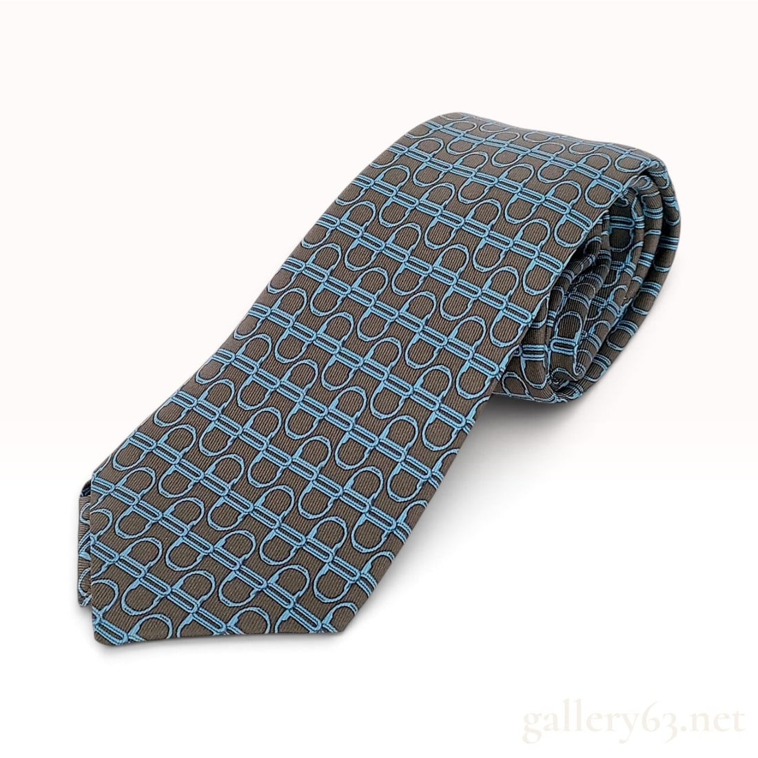 Hermes 5587 MA Blue and Taupe Silk Necktie with Box (1 of 8)