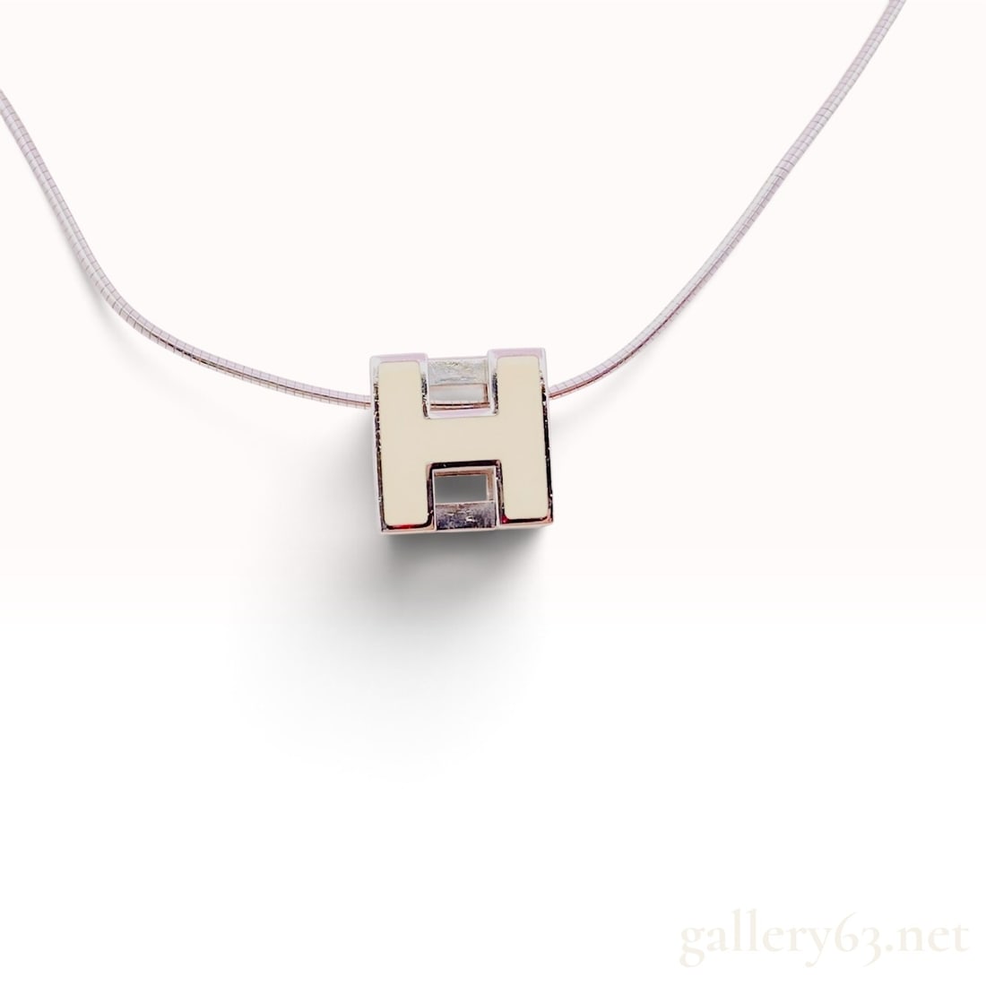 Hermes Cage d'H Cream Enamel and Palladium Plated Pendant Necklace (1 of 4)