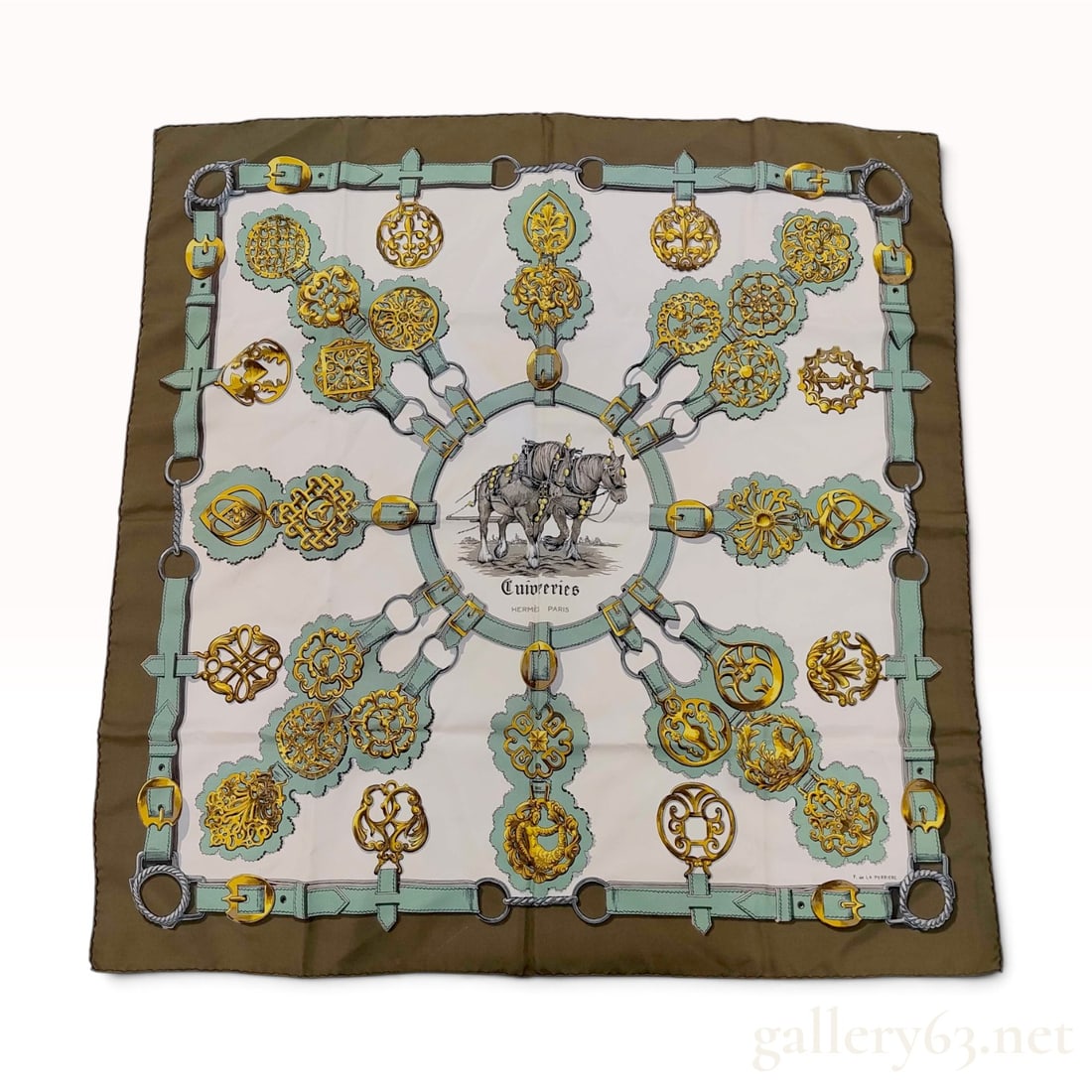Vintage Hermes Cuivreries Olive Brown Silk Carre 90 (1 of 6)