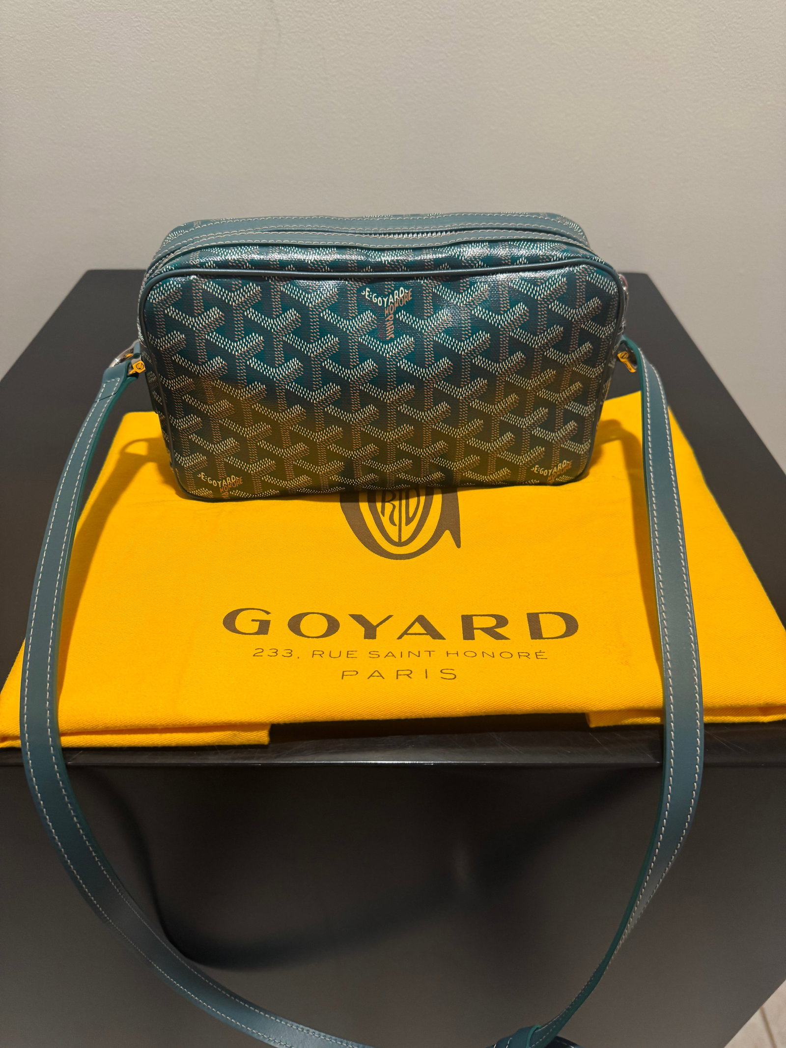 GOYARD CAP-VERT MESSENGER PM, GREEN GOYARDINE: Goyard Cap-Vert PM crossbody in green Goyardine coated canvas with matching green leather trim, contrast white saddle stitching and palladium hardware. Rectangular camera-bag silhouette with zip-aroun