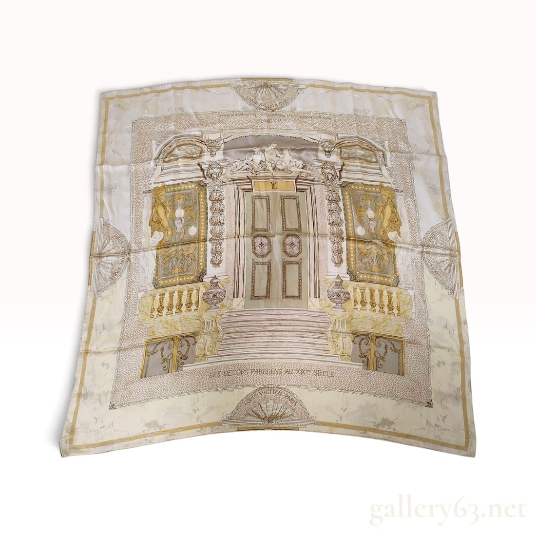 Louis Vuitton Les Decors Parisiens au XIXme Siecle Neutral Silk Scarf 90cm: This Louis Vuitton silk scarf features the Les Decors Parisiens au XIXme Siecle (Parisian Decors of the 19th Century) architectural print. The central motif depicts the vestibule of the Hotel de Mr Me