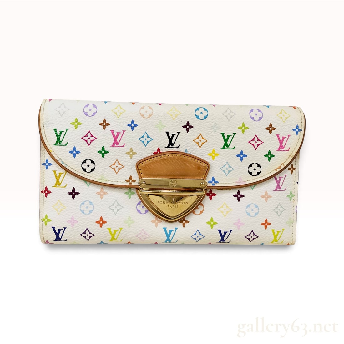 Louis Vuitton White Monogram Multicolor Canvas Eugenie Wallet: This Louis Vuitton Eugenie wallet is crafted from white Monogram Multicolor coated canvas, featuring the vibrant logo pattern created in collaboration with artist Takashi Murakami. The tri-fold design