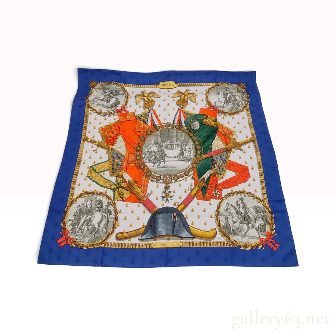 Vintage Hermes Napoleon Blue and White Jacquard Silk Carre 90: This is a Hermes silk carre 90 in the Napoleon pattern designed by Philippe Ledoux. The scarf is crafted from white silk featuring a woven bee jacquard motif throughout the ground and blue border. The