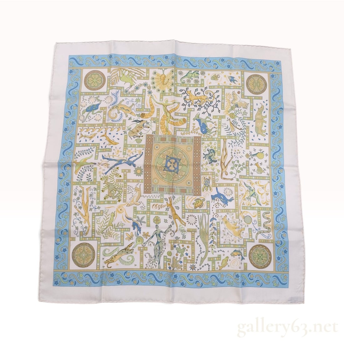 Hermes Les Forces de la Vie (The Forces of Life) Silk Carre 45: This Hermes silk carre 45 is crafted from silk twill and features the Les Forces de la Vie (The Forces of Life) pattern designed by Christine Henry. The intricate design depicts a maze-like lattice po