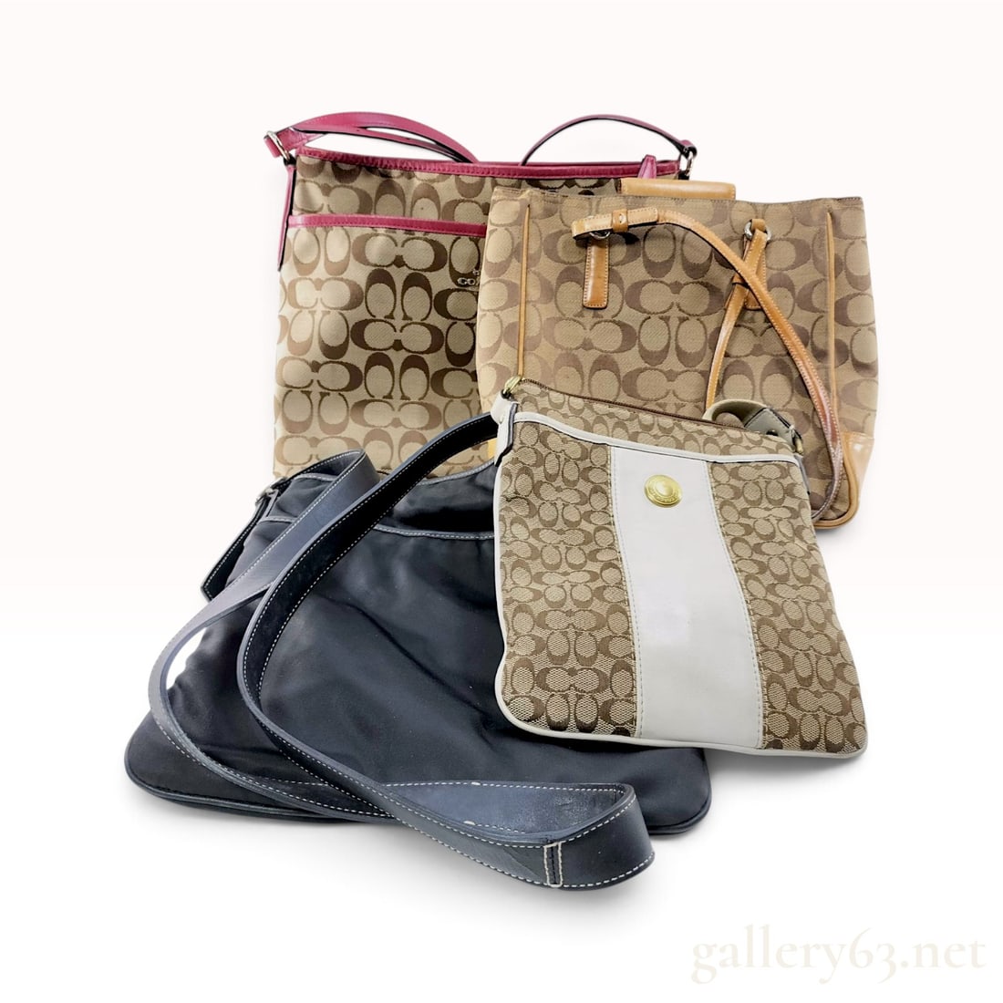 A Collection of Four Coach Signature Jacquard and Leather Handbags: This collection consists of four Coach handbags in various styles and materials. The assortment includes a large tote bag in khaki signature jacquard canvas featuring magenta-pink leather trim and gol