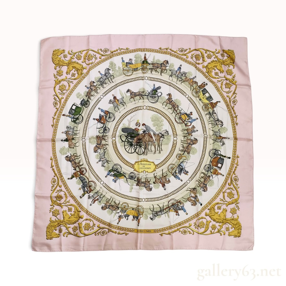 Vintage Hermes La Promenade de Longchamps Pink Silk Carre 90: This vintage Hermes silk carre 90 features the La Promenade de Longchamps pattern designed by Philippe Ledoux. The equestrian-themed composition depicts a central scene of a couple in a horse-drawn ca