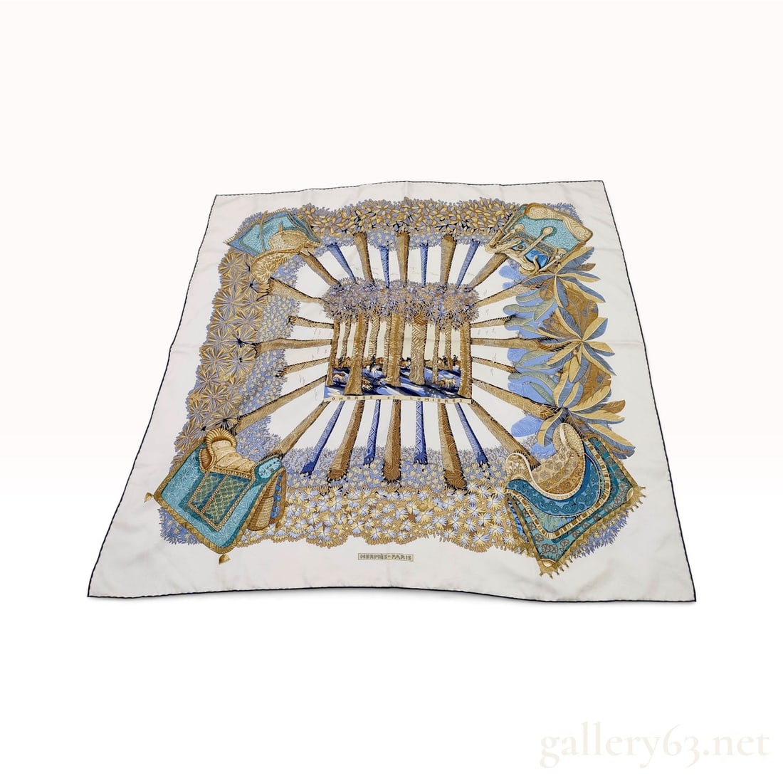 Vintage Hermes Ombres et Lumieres (Shadows and Lights) Silk Carre 90: This Hermes silk carre 90, titled Ombres et Lumieres, was designed by artist Annie Faivre and originally issued in 2005. The design features a central rectangular vignette depicting a traditional hunt
