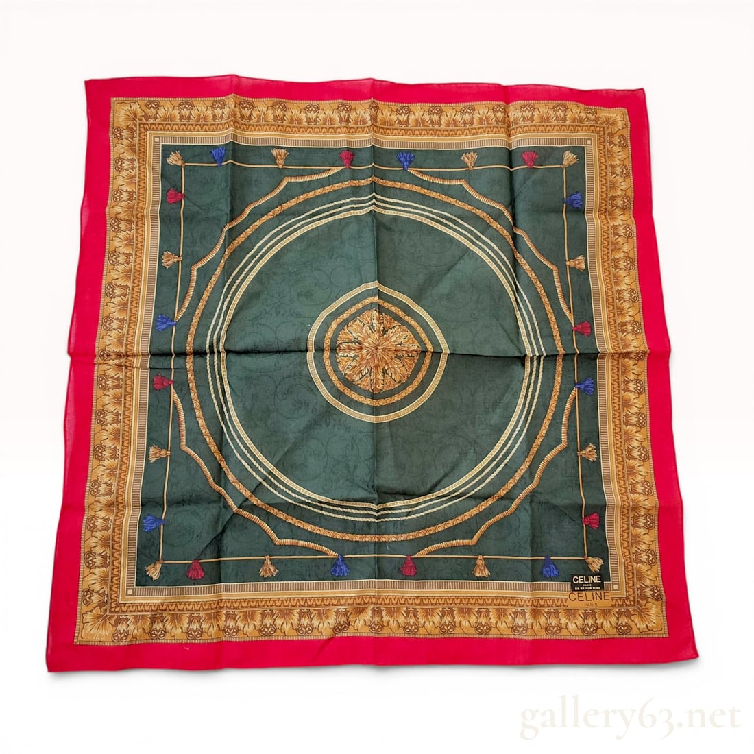Celine Paris Vintage Cotton Scarf with Equestrian Baroque Tassel Motif: Vintage Celine Paris cotton scarf or large pocket square featuring an equestrian-inspired baroque design on a dark green damask ground. The central acanthus leaf medallion is framed by concentric