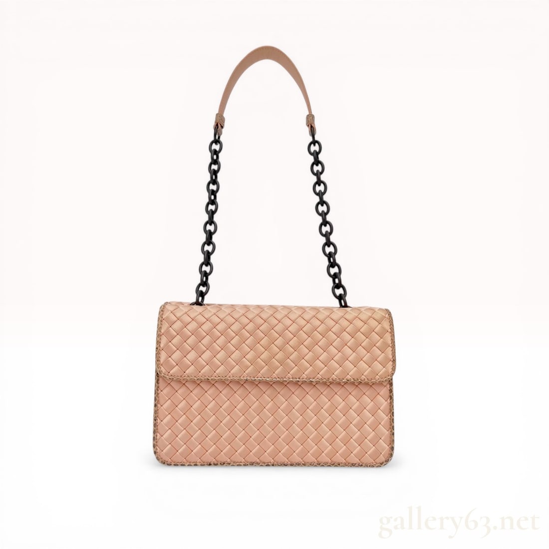 Bottega Veneta Intrecciato Satin and Python Olimpia Shoulder Bag: Bottega Veneta "Olimpia" shoulder bag, contemporary. Woven blush pink satin ribbon in the signature intrecciato style with python skin piping and a matte black chain strap. Gusseted interior lined in 