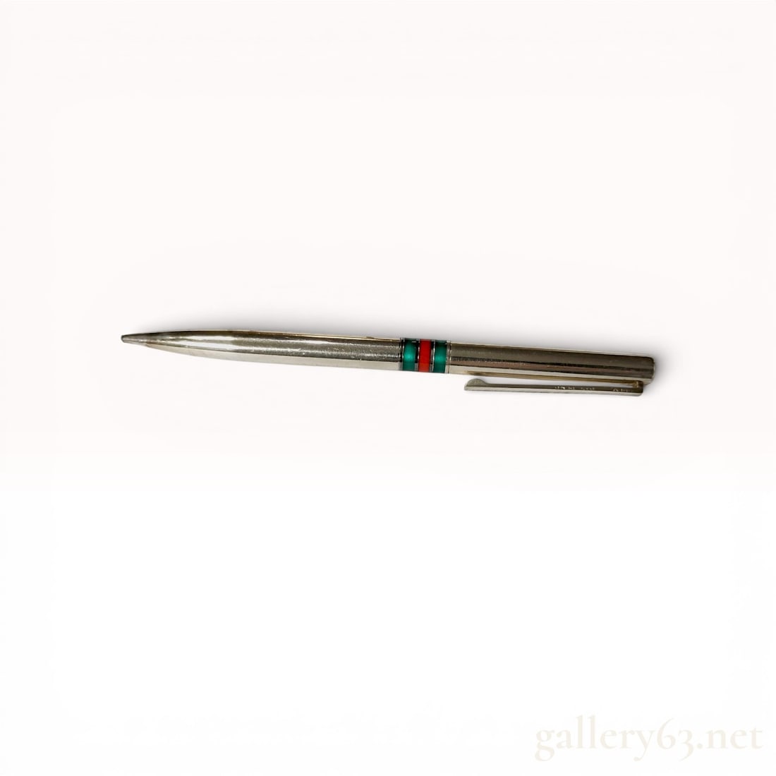 Vintage Gucci Twist-Action Mechanical Pencil with Signature Web Stripe: Vintage Gucci mechanical pencil featuring a silver-toned metal barrel accented with signature green and red enameled web stripe bands. The twist-action mechanism is finished with an end cap embossed w