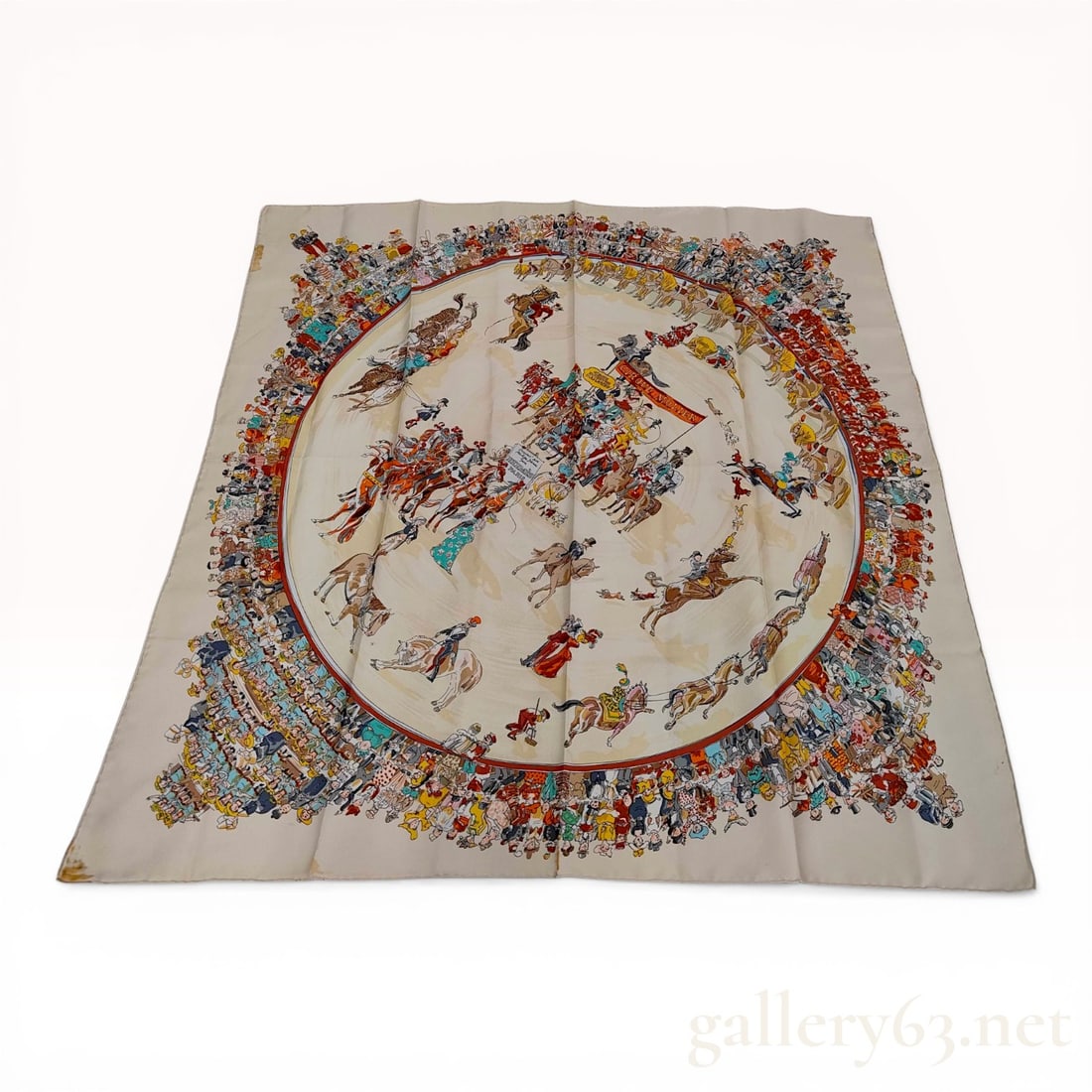 Hermes Cirque Molier Silk Scarf by Philippe Dumas: Hermes silk Carre 90 scarf in the Cirque Molier pattern, designed by Philippe Dumas. The design features a detailed illustration of a 19th-century French circus with a central ring of performers and h