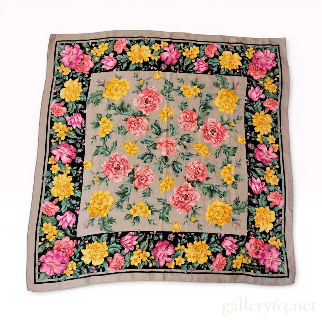 Yves Saint Laurent Vintage Floral Silk Scarf with Jacquard Paisley Pattern: Yves Saint Laurent vintage floral square scarf. The design features a lush floral motif in shades of pink, coral, and golden yellow on a taupe ground with a tone-on-tone paisley jacquard weave. A wide