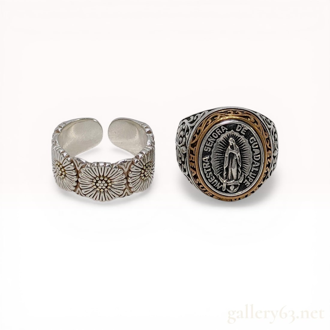 Bikerringshop Sterling Silver Our Lady of Guadalupe Signet Ring and a Buccellati-Style Daisy Motif: A Bikerringshop Our Lady of Guadalupe signet ring and an adjustable daisy motif band ring, contemporary. Both items are crafted in sterling silver with gold-tone accents and feature S925 hallmark stam