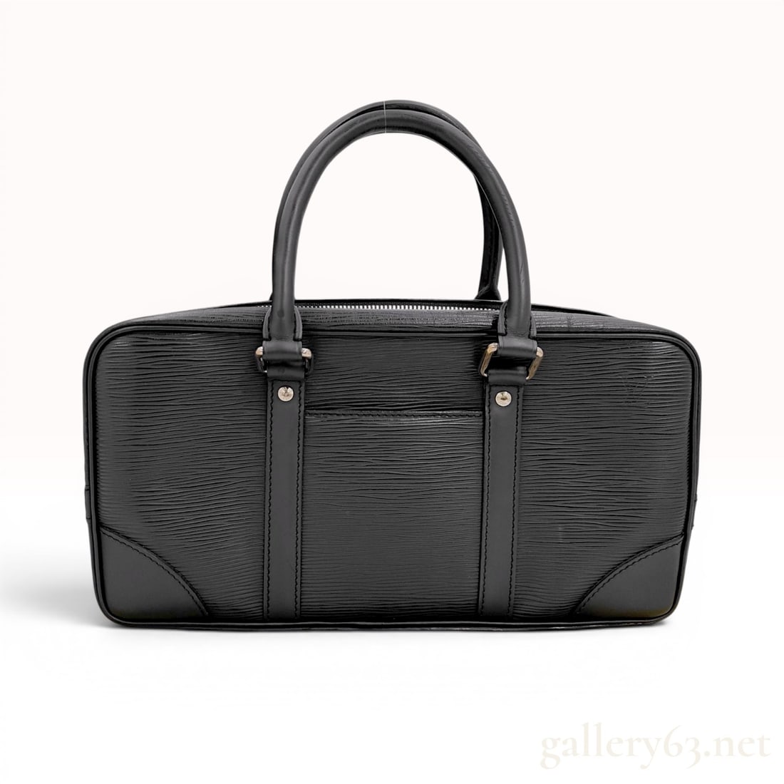 Louis Vuitton Black Epi Leather Vivienne Long Bag: A Louis Vuitton Vivienne Long handbag crafted from black textured Epi leather with smooth leather trim. This structured, rectangular bag features dual rolled top handles and silver-tone hardware. The 