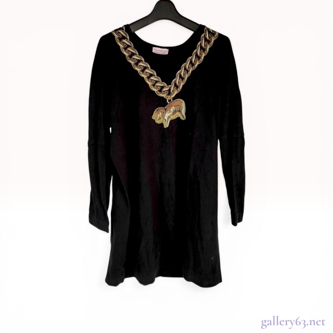 Vivienne Westwood Red Label Black Cotton Tunic Dress with Trompe l'Oeil Chain Print: Vivienne Westwood Red Label long-sleeved tunic or mini dress, manufactured in Japan. The black cotton garment features a large trompe l'oeil graphic print of a chunky gold-tone chain necklace with a s
