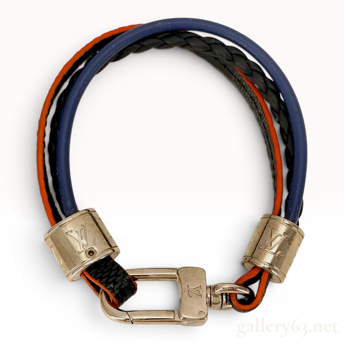 Louis Vuitton Damier Graphite Treble Bracelet with Box: Louis Vuitton Treble multi-strand bracelet featuring three distinct cords: a solid blue leather cord, a braided black leather cord, and a flat Damier Graphite patterned canvas strap with orange contra