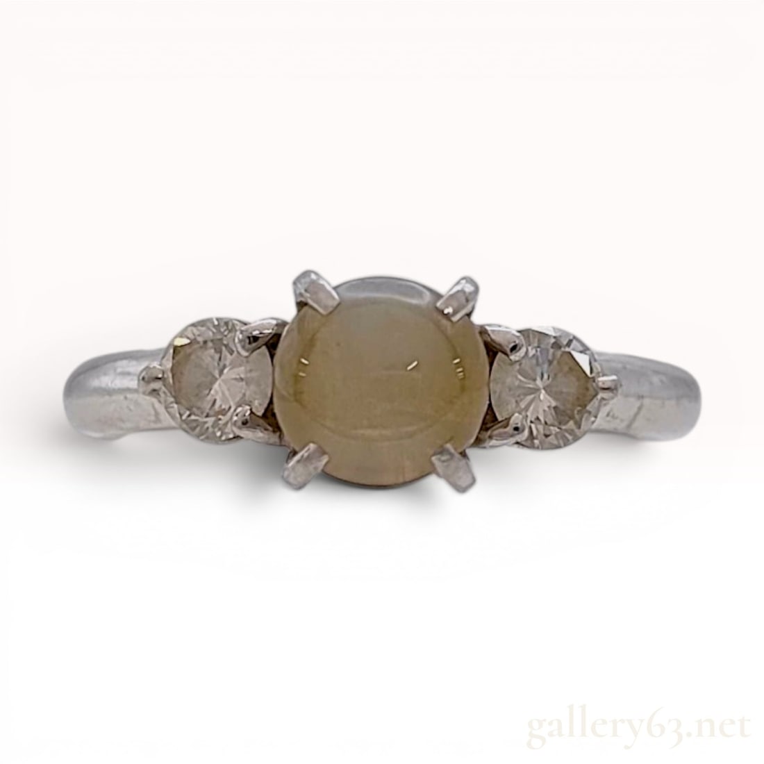 Platinum Chrysoberyl Cat's-Eye and Diamond Three-Stone Ring (1 of 9)