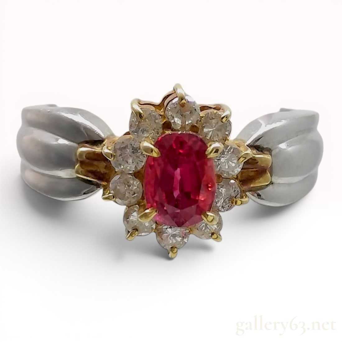 0.83 Carat Ruby and 0.33 Carat Diamond 18K Yellow Gold and Platinum Cluster Ring (1 of 9)