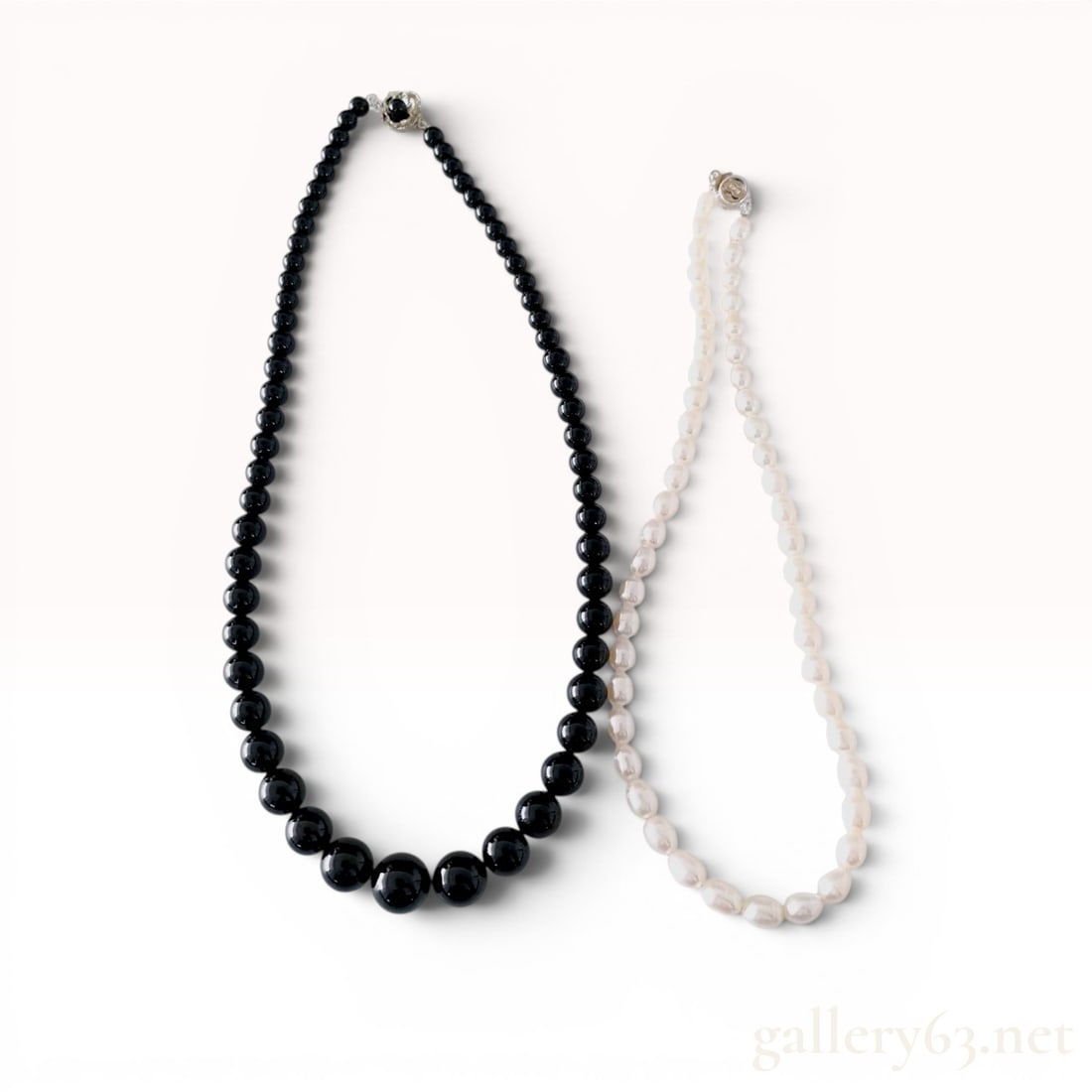 Two Beaded Necklaces Including Graduated Black Beads and White Cultured Pearls with Silver Clasps (1 of 10)