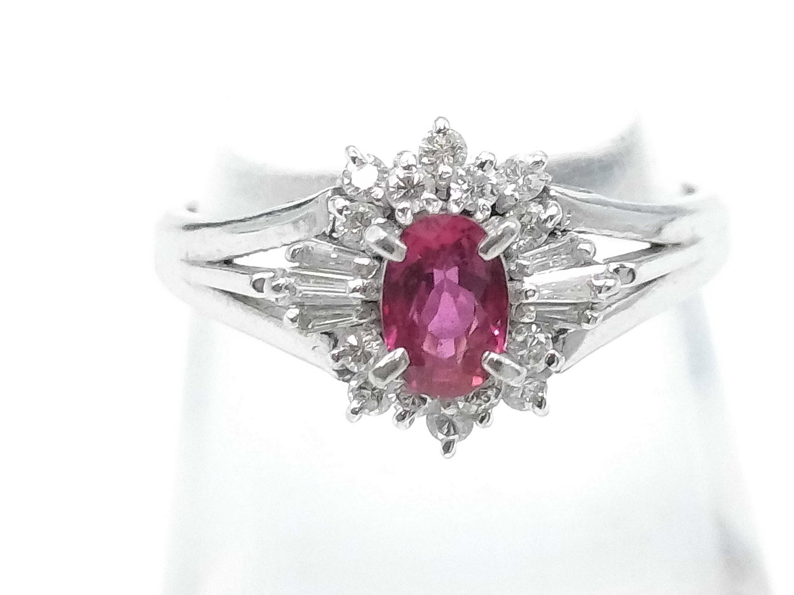 Ruby and Diamond Platinum Cluster Cocktail Ring - 2