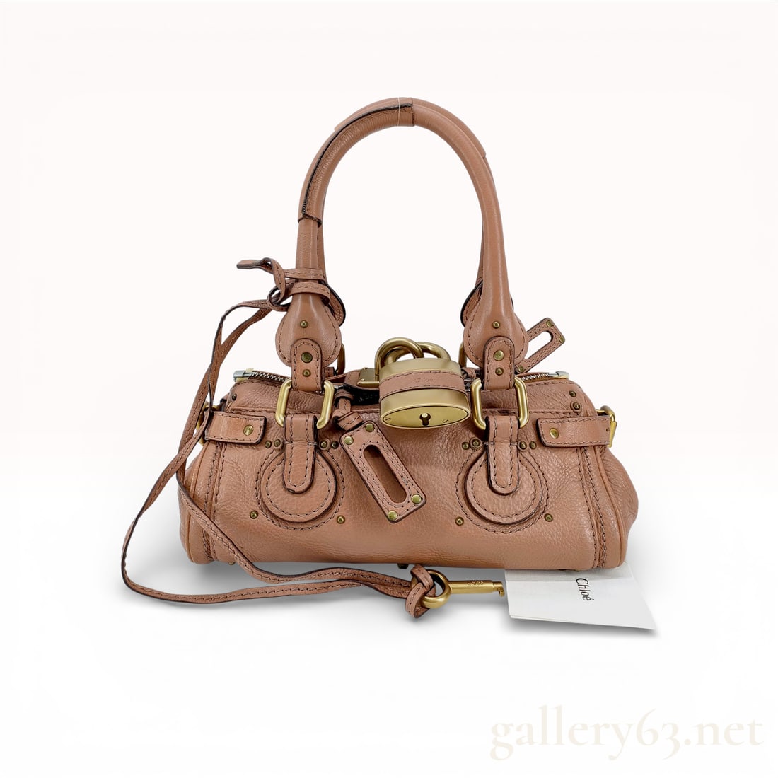 Chloe, Paddington Satchel, Pebbled Leather, Tan: Chloe, Paddington Satchel, pebbled leather, brushed brass-tone hardware, includes Chloe brand tag. Length: 14 inches, Height: 7 inches, Depth: 6 inches.