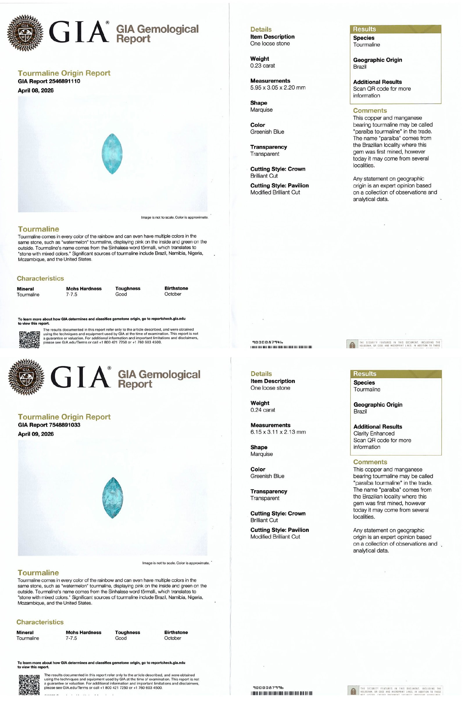 A Pair of Brazilian Paraiba Tourmalines with GIA Reports: This lot features a pair of loose, marquise-cut tourmalines identified by the Gemological Institute of America (GIA) as Paraiba tourmalines. Both stones originate from Brazil and contain copper and ma