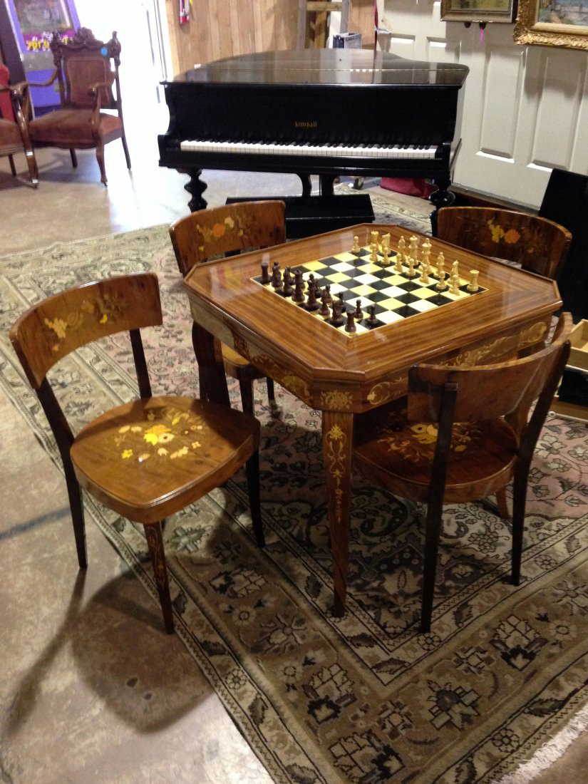 Inlaid Italian game table with 4 chairs