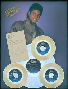 Michael Jackson Signed Autographed Thriller sales award: Gold and platinum sales award consisting of three gold 45 rpm discs for 'Billie Jean,' 'Beat It,' and 'The Girl Is Mine,' and a platinum disc of Thriller, along with an undated TLS to "Bill" signed by