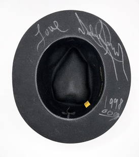 Michael Jackson Owned Signed Black Fedora #1: KnaiszAuctions.com & KnaiszLive.com auction: This is Michael Jackson's personally owned trademark black Fedora hat. Custom black felt fedora features a gilt stamp in the inner hat band reading: