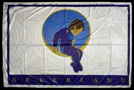 Michael Jackson Neverland Valley Ranch flag: Knaisz Auctions & KnaiszLive.com auction: Mega rare item from Michael Jackson's home, Neverland Valley Ranch. The huge flag has Neverland's "boy in the crescent moon" logo and it was hanging on the po