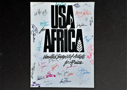 Michael Jackson Lionel Richie signed we are the world poster: Historic "USA for Africa" Poster Hand-Signed by 30 Musical Artists From the 1985 Charity Single "We Are The World" â€” VARIOUS ARTISTS. From the private music collection of famous singer