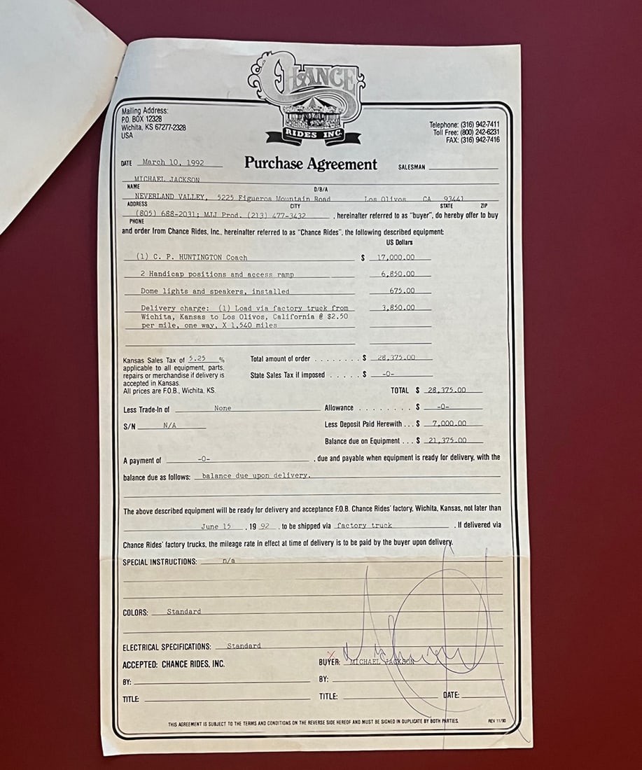 Michael Jackson Signed Autographed Train coach purchase agreement 1992 (1 of 3)