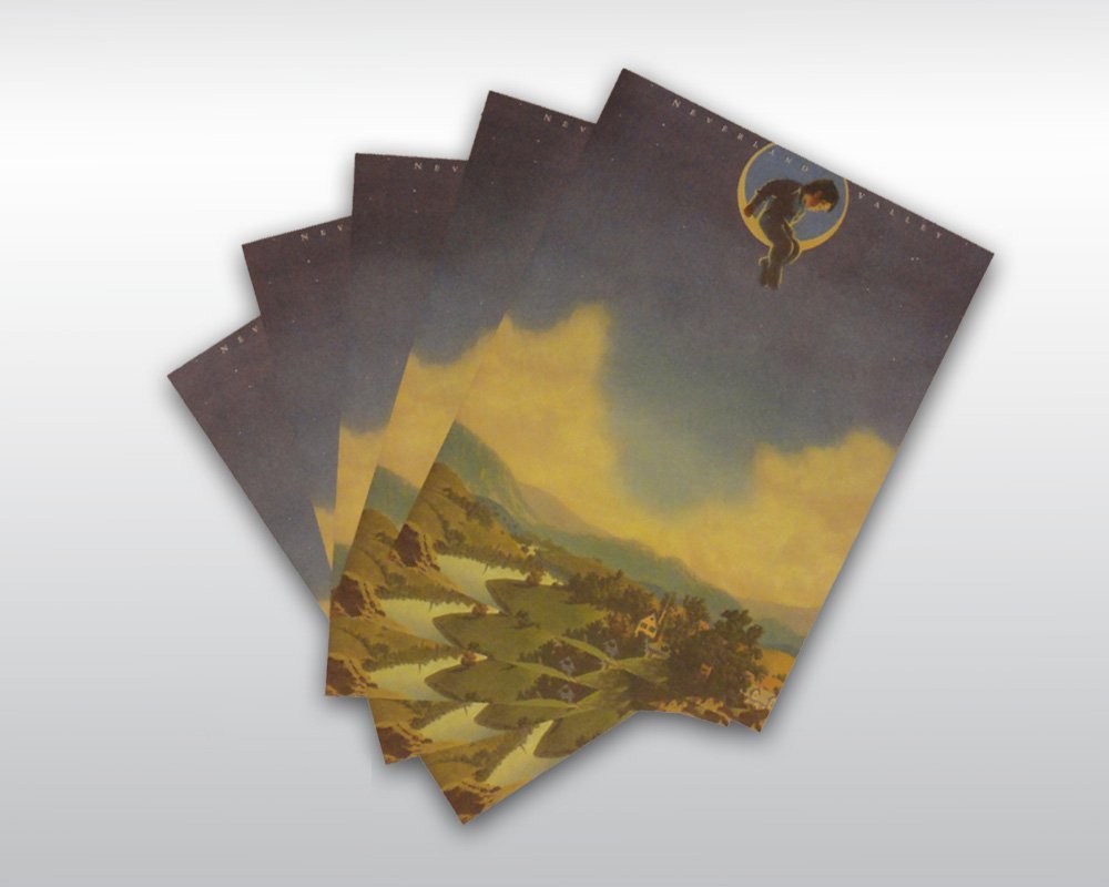 MICHAEL JACKSON SET OF 5 NEVERLAND STATIONARY: Lot of five (5) sheet of custom Neverland Valley Ranch stationary paper with the Neverland Valley logo at top and a full page color image of a bucolic valley. Accompanied by a Knaisz Auctions Certific
