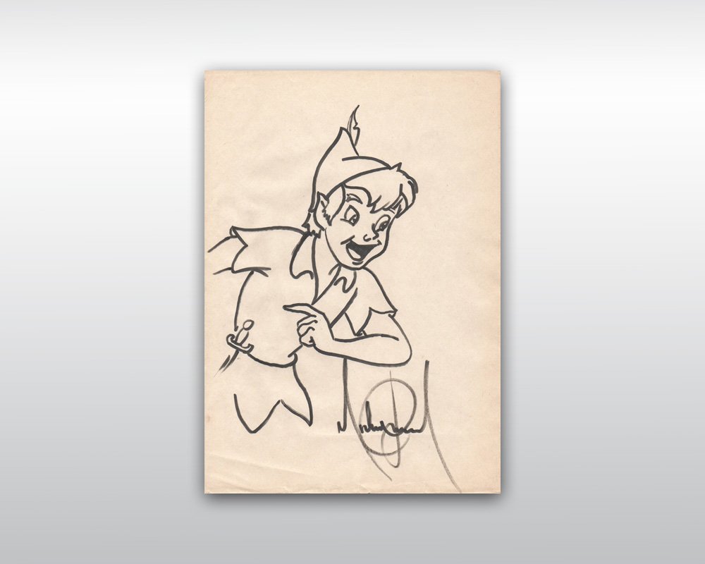 MICHAEL JACKSON SIGNED PETER PAN DRAWING: Original black felt-tip pen sketch of Peter Pan, the boy who would never grow up made and signed by Michael Jackson in the '90s. (21 x 29 cm) Estimated $1,500-2,000.