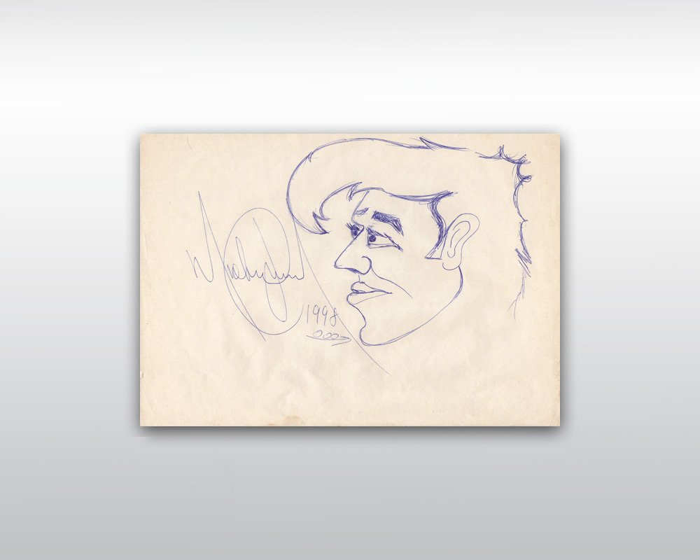 MICHAEL JACKSON OLD MAN DRAWING: Michael Jackson blue pen drawing of a man head in profile. Made and signed "Michael Jackson 1998" over arrow design. Michael Jackson has signed his drawings with his name and with the year 1998. Micha
