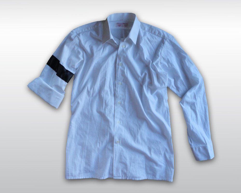 MICHAEL JACKSON WORN WHITE 'BLACK OR WHITE' SHIRT: Michael Jackson owned and worn costume made white cotton shirt from Jackson's Dangerous World Tour era. The King of Pop wore the very same shirt during his performance with Slash of the song "Black or
