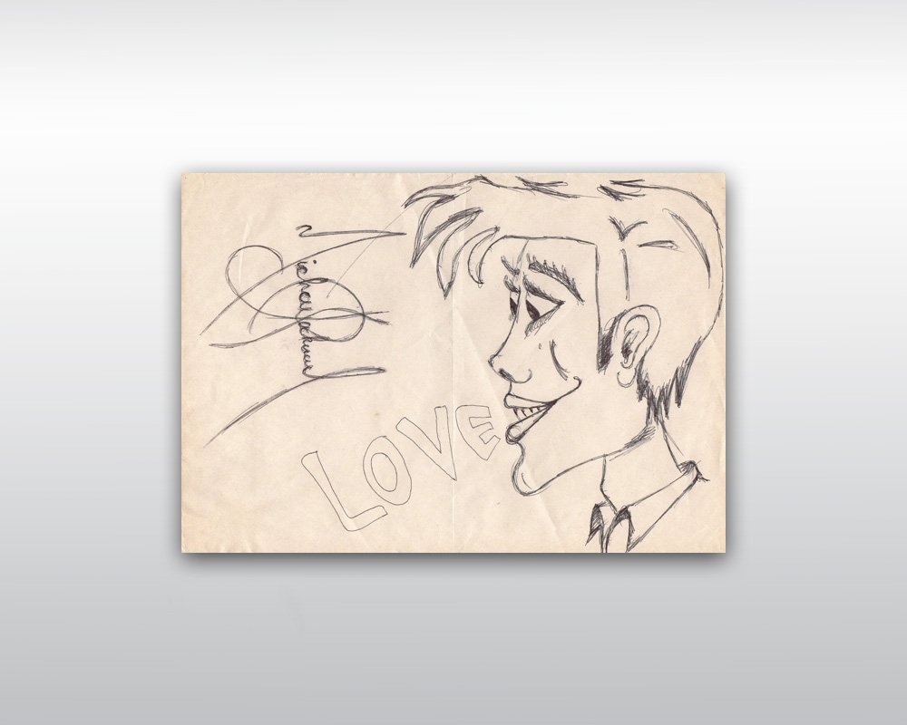 MICHAEL JACKSON YOUNG MAN DRAWING: This is a pen on drawing paper sketch of a young man head in profile who says „LOVE”. With a drawing style signature of the king of Pop. Made by Michael Jackson personally during his HIStory Tour.