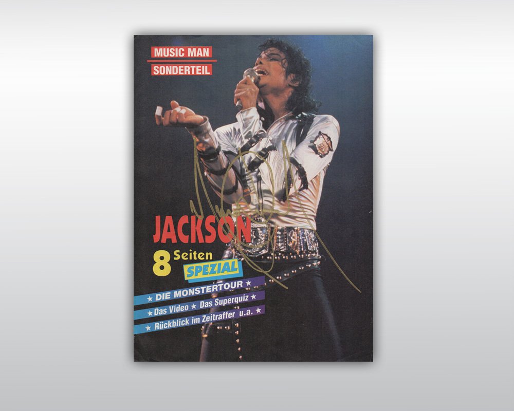 MICHAEL JACKSON SIGNED GERMAN MAGAZINE: German edition magazine special (6 pages with A3 size poster inside) signed on the cover by Michael Jackson in gold marker "Michael Jackson". This item is from the King of Pop's Dangerous era, circa 1