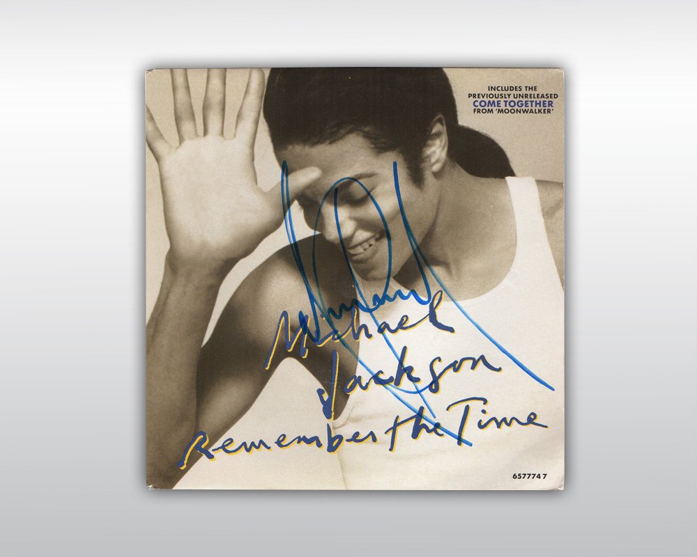 MICHAEL JACKSON SIGNED REMEMBER THE TIME 7-INCH SINGLE: An original copy of the 7-inch single LP "Remember The Time" which was released by Epic Records on January 14, 1992, as the second single from Michael Jackson's 'Dangerous' album. The front cover of t