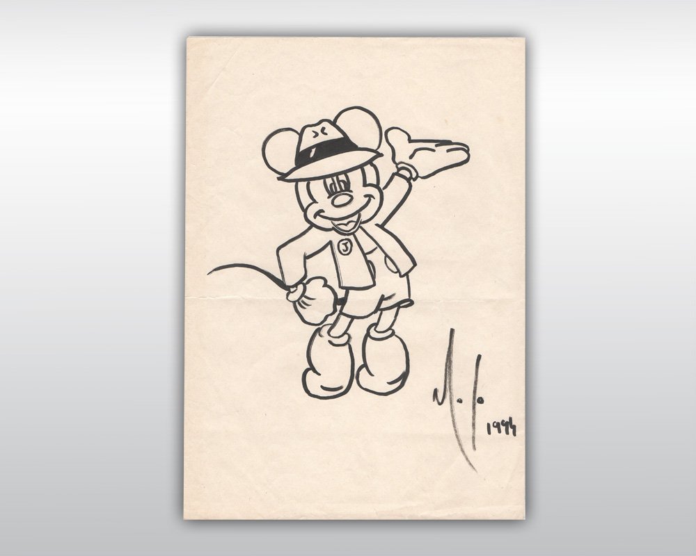 MICHAEL JACKSON SIGNED MICKEY MOUSE DRAWING 1994: Stunning original black felt-tip pen sketch of Mickey Mouse made, initialed by Michael Jackson and dated to 1994. Excellent condition. Accompanied by a Knaisz Auctions Certification. (Size: 8 1/8 by 1