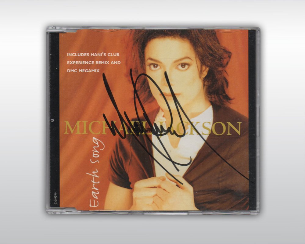 MICHAEL JACKSON SIGNED EARTH SONG CD: An original compact disc copy of Michael Jackson's 'Earth Song' maxi single (EPIC 662695 2) signed by Michael Jackson on the front of the liner notes "Michael Jackson," in black ink. The CD case and t