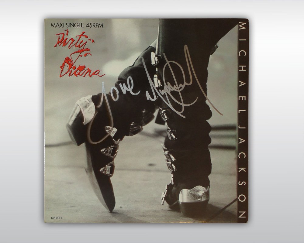 MICHAEL JACKSON SIGNED DIRTY DIANA 12-INCH SINGLE: An original LP copy of the 'Dirty Diana' released by Epic Records on April 18, 1988 as the fifth single from the 'Bad' album. The front of the record cover is signed by Michael Jackson in silver paint
