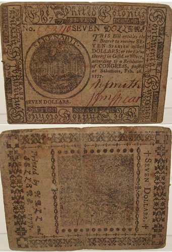 Continental $7 American Revolution Note 1777 No.6