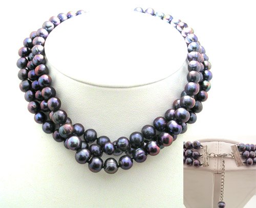 9mm peacock Pearl 3 Strand choker Necklace