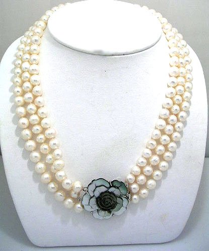 8mm White Pearl MOP flower 3 strand Necklace