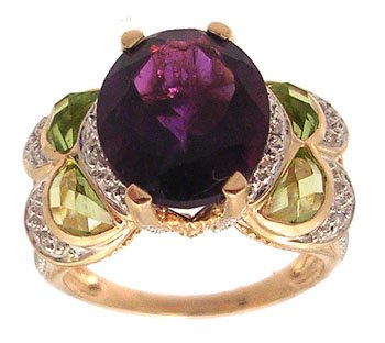 14KY 4.35ct Amethyst Oval Peridot Diamond Ring