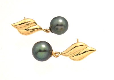 14KY 9mm Tahitian Pearl Ribbed Fancy Earring